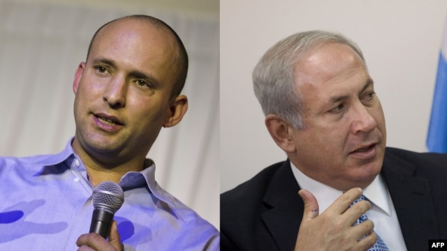 (L) Naftali Bennett, leader of the HaBayit HaYehudi, December 23, 2012, (R) Israeli Likud party leader Benjamin Netanyahu is seen during a faction meeting in the Knesset, October 27, 2008