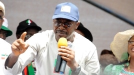 People's Democratic Party (PDP) governorship aspirant Charles Airhiavbere speaks during a political rally at Sabongida Ora in Edo State June 13, 2012. 