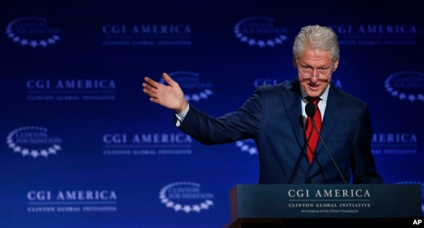 FILE - Former President Bill Clinton speaks at a gathering of the Clinton Global Initiative, which is a part of the Clinton Foundation, in Denver, Colorado, June 10, 2015.