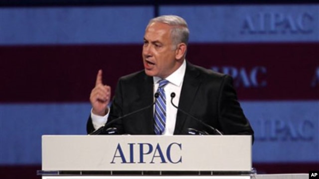 Israel Prime Minister Benjamin Netanyahu speaks at the American Israel Public Affairs Committee meeting in Washington, May 23, 2011