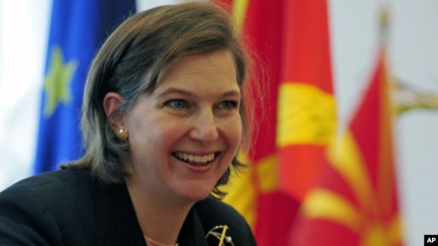 US State Department spokeswoman Victoria Nuland gestures during a meeting in Skopje, Macedonia, April  2008. (file photo)
