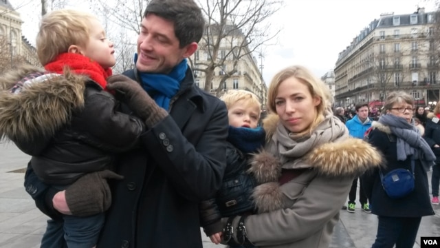 Antoine Karegis and family, Place de la Republique, January 10, 2016. (Lisa Bryant/VOA)