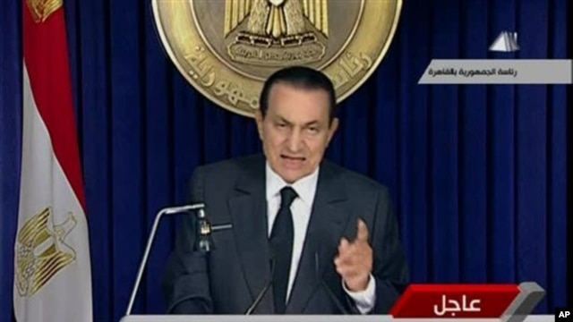 Egyptian President Hosni Mubarak makes a televised statement to his nation in this image taken from TV that aired  February 10, 2011