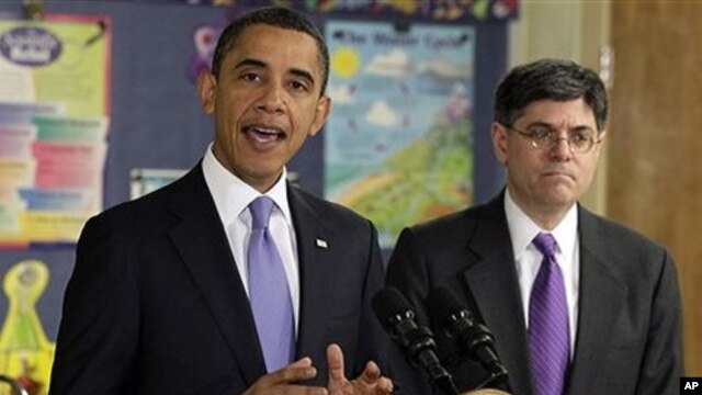 President Barack Obama, with Office of Management and Budget Director Jacob Lew, speaks at Parkville Middle School and Center of Technology in Maryland, Feb. 14, 2011