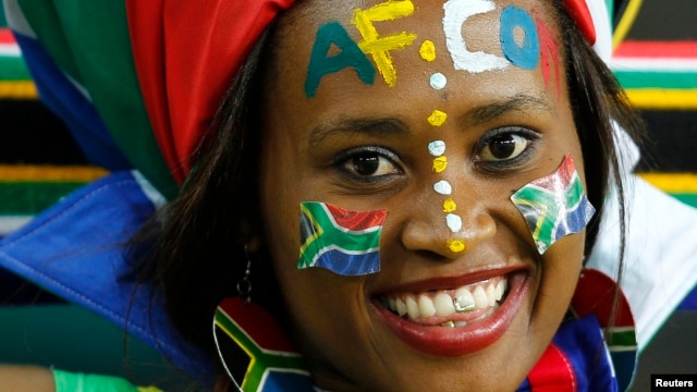 A fan of South Africa is pictured before the team's international friendly soccer match against Algeria in Soweto, January 12, 2013. 