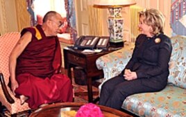 The Dalai Lama (left) talks with US Secretary of State Clinton in Washington, 18 Feb 2010