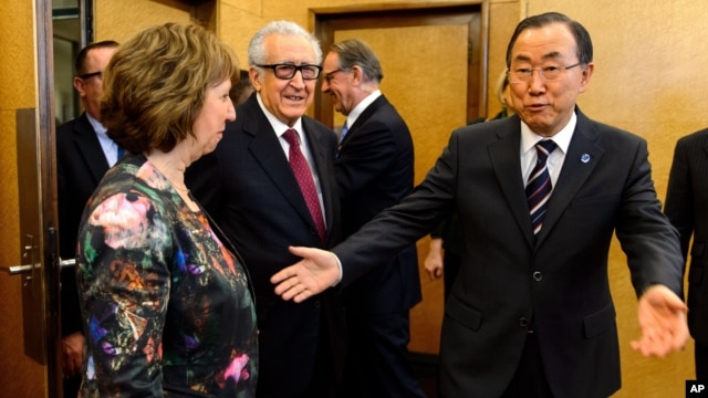 U.N. Secretary General Ban Ki-Moon, right, gestures next to U.N.-Arab League envoy for Syria Lakhdar Brahimi, center, and European Union Foreign Policy Chief Catherine Ashton and prior to a meeting at the United Nations offices in Geneva, Switzerland, Jan. 21, 2014.