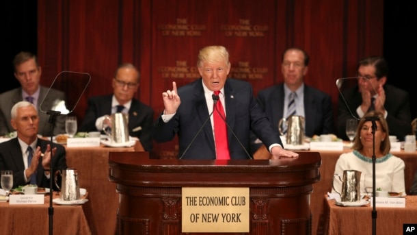 Republican presidential candidate Donald Trump delivers an economic policy speech at a luncheon at the Economic Club of New York in New York City, Sept. 15, 2016.