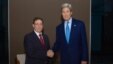 U.S. Secretary of State John Kerry greets Cuban Foreign Minister Bruno Rodríguez on the sidelines of the Summit of the Americas in Panama City, Panama, April 10, 2015. 