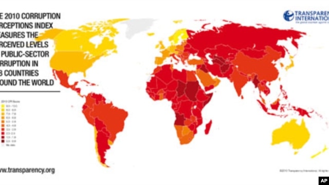 A world map with Transparency International's 2010 corruption perceptions index, 26 Oct 2010