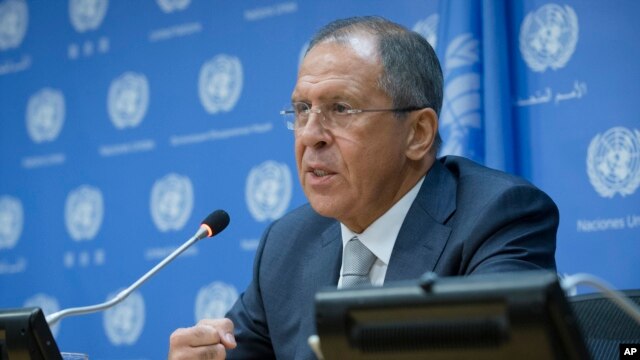 Russia's foreign minister Sergey Lavrov speaks at a news conference during the 69th United Nations General Assembly at U.N. headquarters, Sept. 26, 2014.