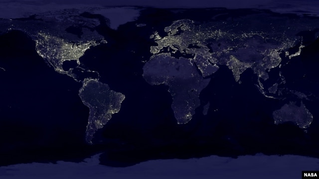 A satellite view of Earth showing the distribution of lights throughout the industrialized and developing worlds. This lighting overpowersbsdrowns out the night sky for the growing number of people who live in those areas. (NASA)  