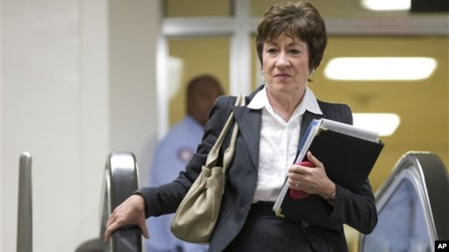 Senator Susan Collins of Maine, ranking Republican on the Senate Homeland Security and Governmental Affairs Committee, walks to a meeting  with UN Ambassador Susan Rice, on Capitol Hill in Washington, November 28, 2012.