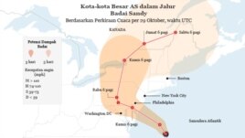 Daerah di pantai timur Amerika yang dilewati oleh badai Sandy yang menguat disertai angin berkecepatan hingga 150 kilometer per jam Senin petang (29/10).