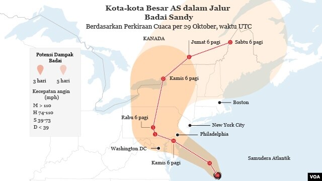 Daerah di pantai timur Amerika yang dilewati oleh badai Sandy yang menguat disertai angin berkecepatan hingga 150 kilometer per jam Senin petang (29/10).
