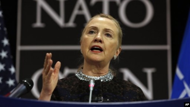 U.S. Secretary of State Hillary Clinton speaks at a press conference at NATO headquarters in Brussels, Belgium, December 5, 2012.