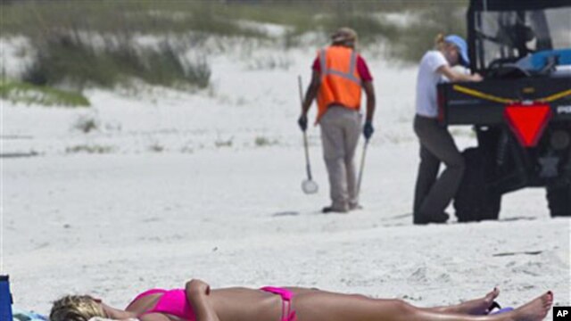 Madison Smith of Cincinnati lies in the sun on the beach in Perdido Key, Fla., as oil spill cleanup workers search for tar balls a year after the Deepwater Horizon disaster, April 19 2011