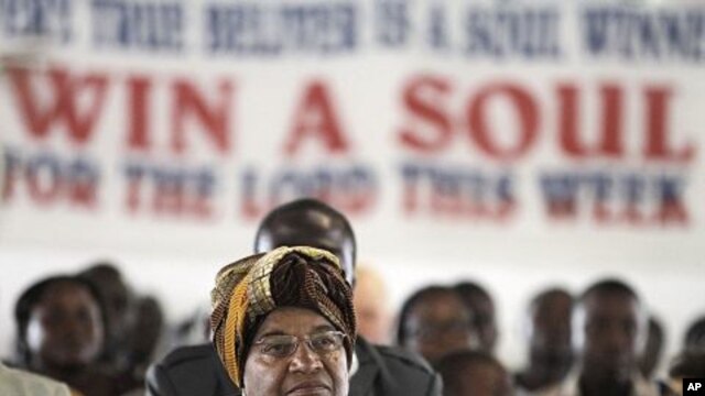 Liberian President Ellen Johnson Sirleaf attends a church service at the Dominion Christian Fellowship Center, in Monrovia, Liberia, November  6, 2011.