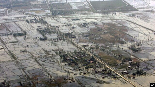 An aerial view of devastation caused by cyclone Nargis in Burma, which claimed nearly 22,000 lives, May 6, 2008