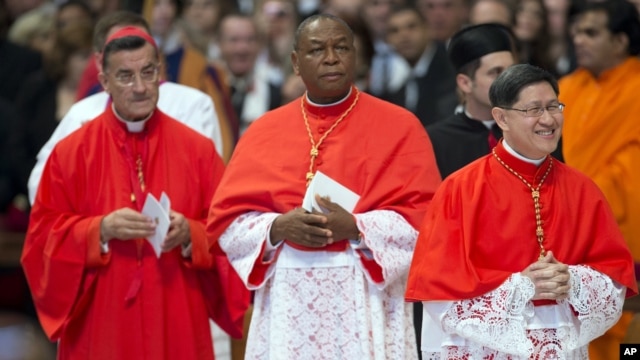 Bechara Boutros Rai, Patriarch of Antioch of the Maronites in Lebanon (far left), Nigeria's Archbishop John Olorunfemi Onaiyekan (center) and Philippines Archbishop Luis Antonio Tagle (right) attend a consistory presided by Pope Benedict XVI inside St. Peter's Basilica at the Vatican, Nov. 24, 2012. 