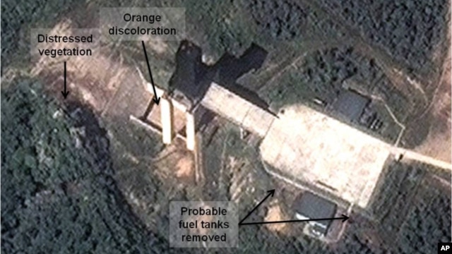 Imagen de satélite captada por DigitalGlobe en Sohae, donde se cree que Corea del Norte ha realizado pruebas con motores de cohetes.