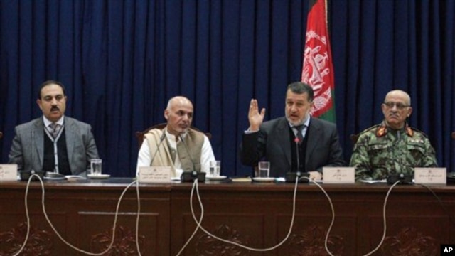 From left, Afghan security officials Mujtaba Patang, Ashraf Ghani Ahmadzai, Besmilah Mohammadi, and Lt. Gen. Sher Mohammad Karimi, address media, Kabul, Dec. 31, 2012.