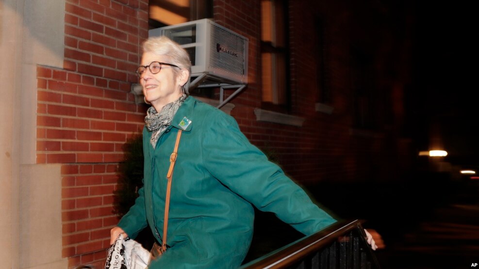 Jessica Leeds arrives at her apartment building, Oct. 12, 2016.