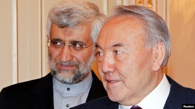 Kazakhstan's President Nursultan Nazarbayev (R) meets with Iran's Supreme National Security Council Secretary Saeed Jalili in Almaty, Kazakhstan, February. 25, 2013.