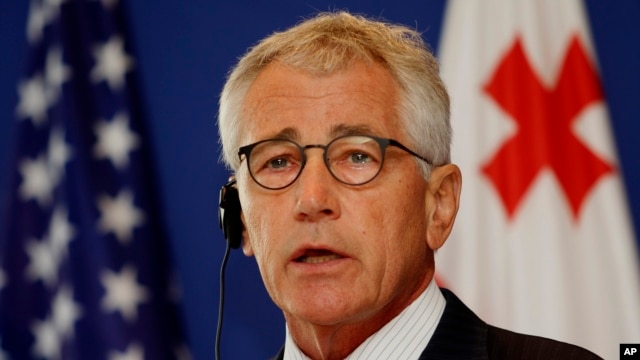 Bộ trưởng Quốc phòng Mỹ Chuck Hagel phát biểu trong cuộc họp báo tại Tbilisi, ngày 7/9/2014.