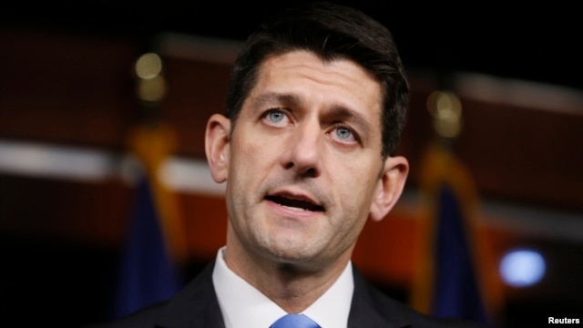 Chủ tịch Hạ viện Hoa Kỳ Paul Ryan tại một buổi họp báo sau cuộc gặp với ứng cử viên tổng thống Đảng Cộng hòa Donald Trump ở Washington, Hoa Kỳ, ngày 12 tháng 5 năm 2016. 