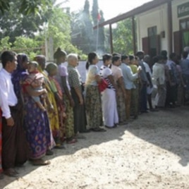 Voters line up at a polling station to cast ballots in Bago, about 90 km northeast of Rangoon.