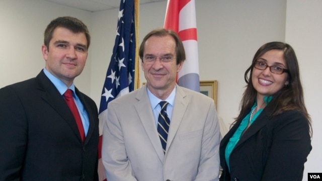 Left to right: George Cernat (Chief Marketing Officer of AudioNow), David Ensor (VOA Director), and Addie Nascimento (Chief of Digital Syndication, BBG's Office of Strategy and Development) signed today's agreement. 