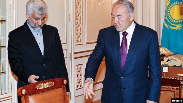 Kazakhstan's President Nursultan Nazarbayev (R) meets with Iran's Supreme National Security Council Secretary and chief nuclear negotiator Saeed Jalili in Almaty, Kazakhstan, Feb. 25, 2013.