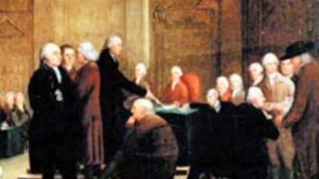 An 18th century painting called "Congress Voting the  Declaration of Independence."