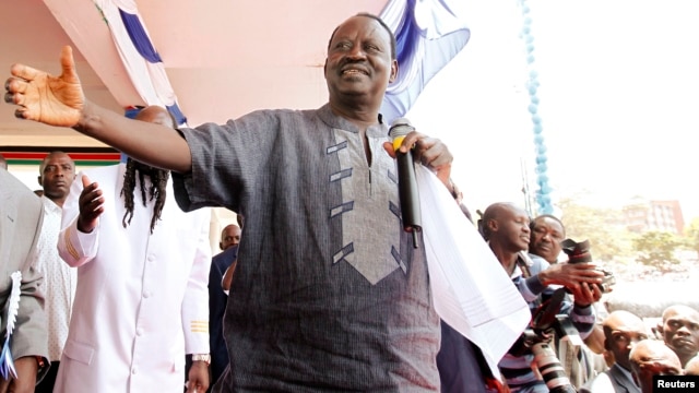 Kenya's Prime Minister and presidential candidate Raila Odinga addresses the crowd during peace prayers in Nairobi, Feb. 24, 2013. 