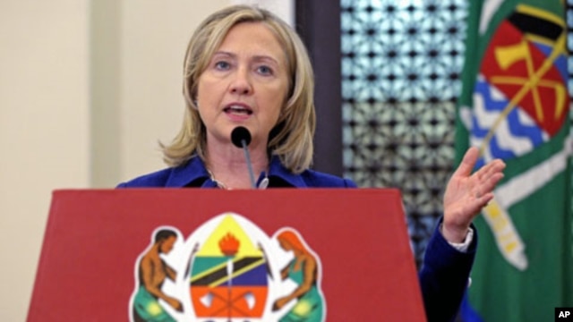 United States Secretary of State Hillary Rodham Clinton speaks during a press availability at the State House in Dar es Salaam, Tanzania, June 13, 2011