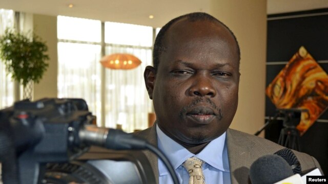 FILE - Pagan Amum, pictured speaking to reporters in Addis Ababa, May 31, 2012, says his South Sudan Reborn plan is aimed at ending violence via a U.N. takeover of the country.