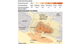 Earthquake in Nepal, map showing epicenter, April 27, 2015