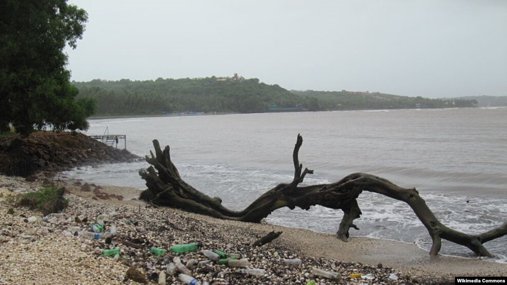 FILE - Plastic trash on the shoreline of cocoa beach in India.