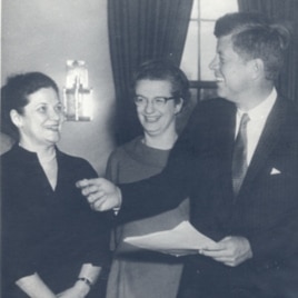 Nancy Grace Roman, center, with President John F. Kennedy in the Oval Office at the White House in 1962.