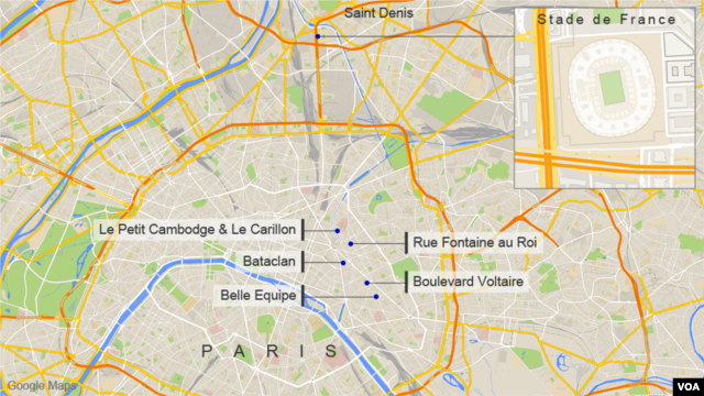 Sites of the November attacks in Paris