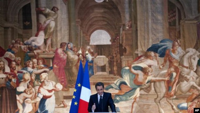 French President Nicolas Sarkozy delivers his New Year address to religious representatives at the Elysee Palace in Paris, 07 Jan 2011