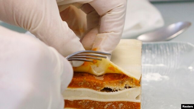 Seorang petugas laboratorium Bern, Swiss, tengah memeriksa kandungan daging yang terdapat dalam produk pasta yang beredar di pasaran (Foto: dok). Perusahaan pangan terbesar di dunia, Nestle, telah menarik produk makanan pasta daging sapi berlabel Buitoni dari pasar Italia dan Spanyol karena mengandung lebih dari satu persen daging kuda, Senin (18/2).