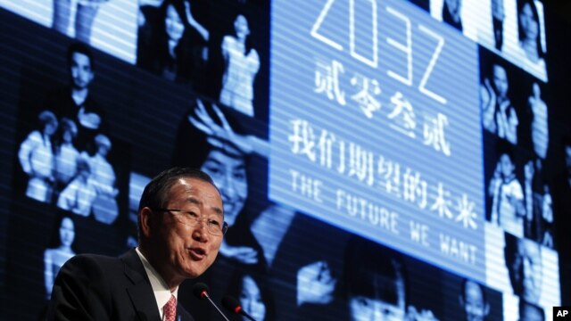 U.N. Secretary-General Ban Ki-moon speaks during an event to recognize the Chinese people who participated in a global campaign called 2032 "The Future We Want" in Beijing, July 18, 2012