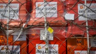 Pallets of supplies wait to be loaded to a 747 aircraft, New York's John F. Kennedy International Airport, Sept. 20, 2014.