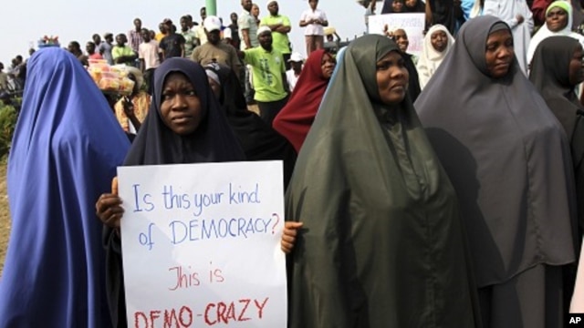 Muslim women attend a rally at Gani Fawehinmi freedom square on the fifth day of a protest against a fuel subsidies removal, in Lagos January 13, 2012.