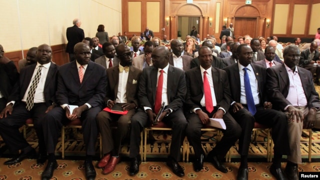 Members of South Sudan rebel delegation attend the opening ceremony of South Sudan's negotiation in Ethiopia's capital Addis Ababa, Jan. 4, 2014. 