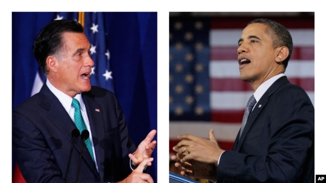 Ứng viên Tổng thống Hoa Kỳ đảng Cộng hòa Mitt Romney (trái) và Tổng thống Hoa Kỳ Barack Obama (phải)