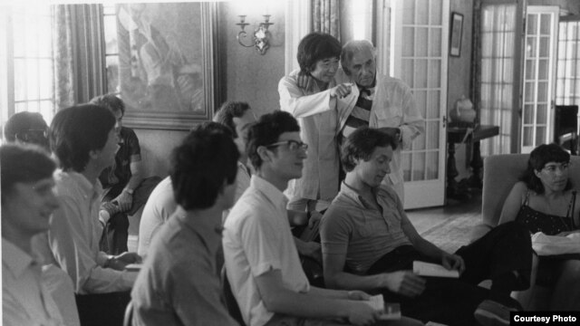 Seiji Ozawa talks with Leonard Bernstein during a lecture for Tanglewood students in this undated file photo. (Walter H. Scott)