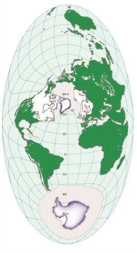 Earth during the Ice Age 23,000 years ago with large ice sheets covering the Northern Hemisphere. (Credit: Anders Carlson)